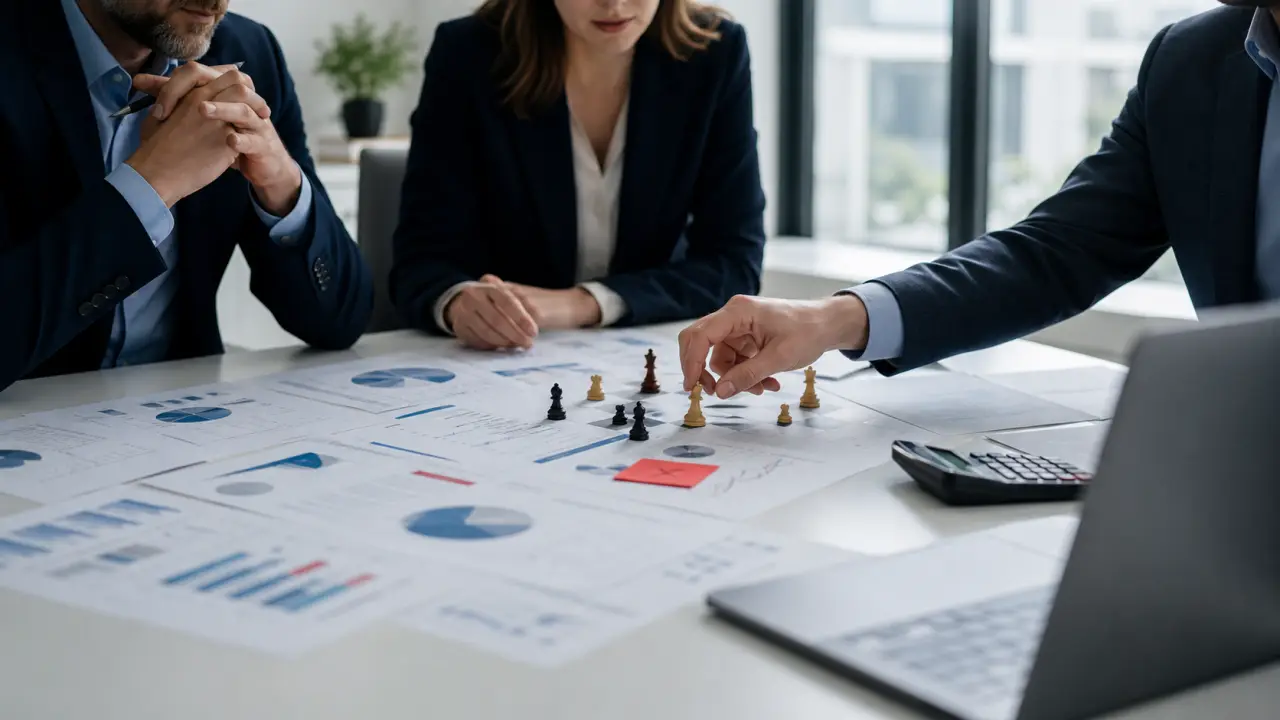 Équipe en réunion stratégique dans un bureau moderne et lumineux