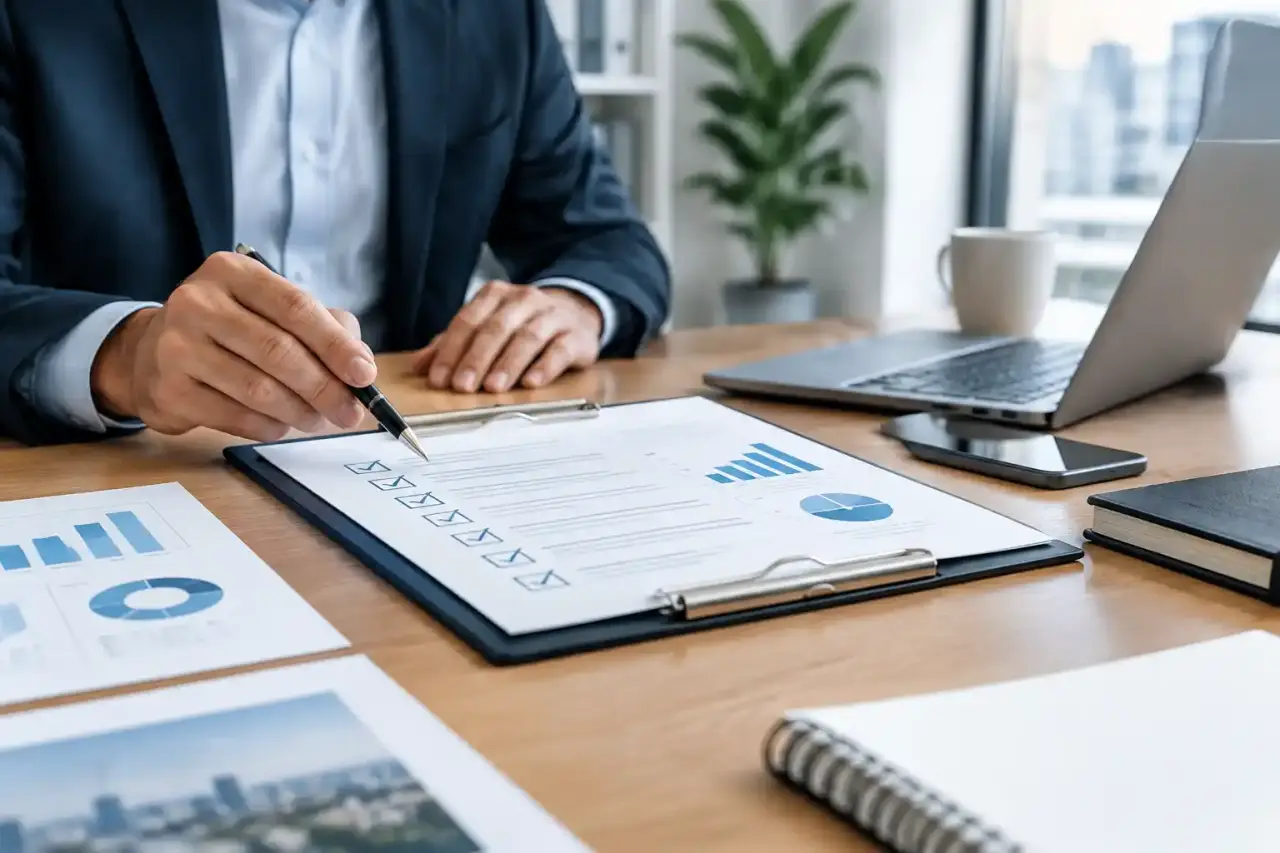 Équipe de direction analysant un plan d'action commercial dans une salle de réunion moderne
