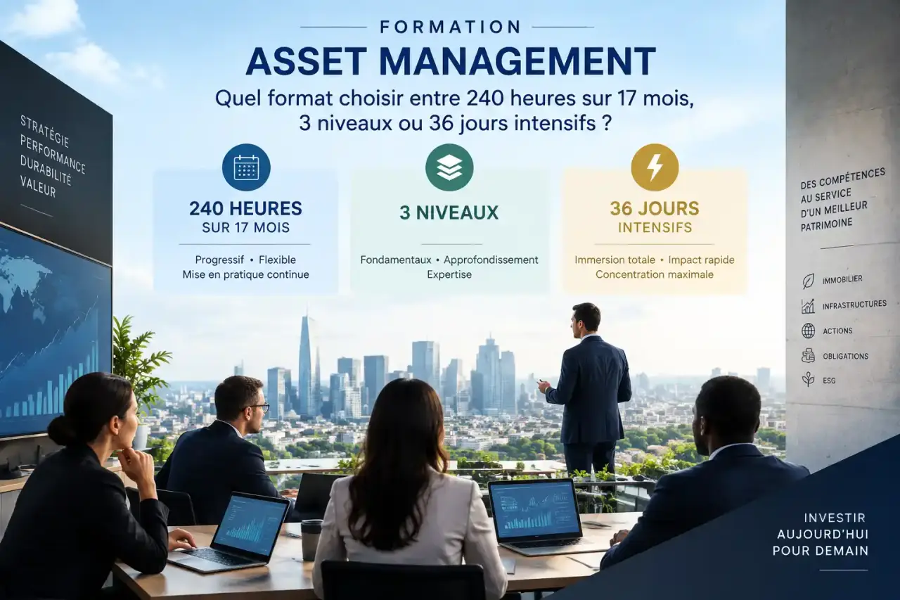Formation asset management : quel format choisir entre 240 heures sur 17 mois, 3 niveaux ou 36 jours intensifs ?